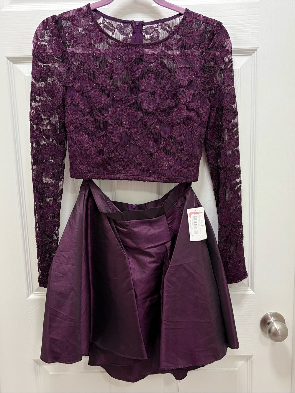 B Darlin Purple Lace Crop Top and Satin Skirt Two-Piece Dress